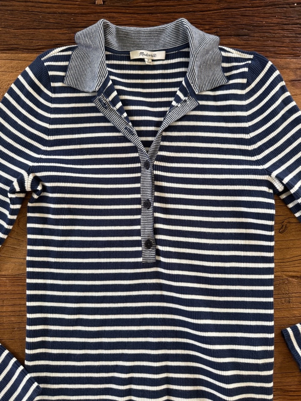Madewell Striped Navy and White Collared Knit Pullover - Picture 2 of 4